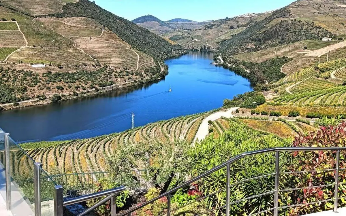 A bend in the blue river seen from a viewpoint terrace, with vine terraces on both slopes